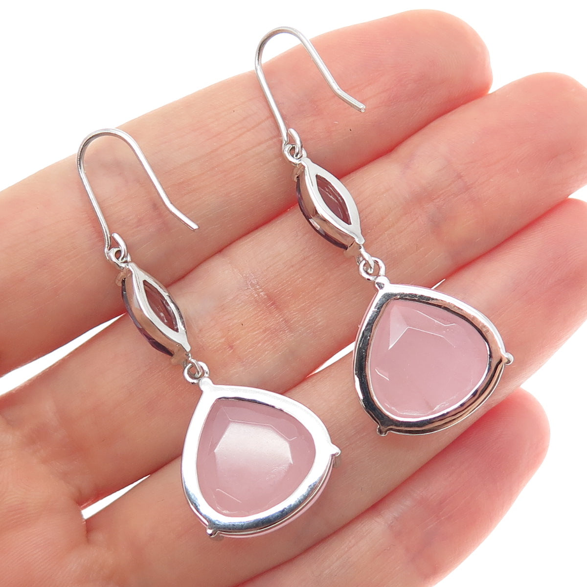 925 Sterling Silver Real Rose Chalcedony & Amethyst Dangle Earrings