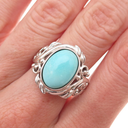 925 Sterling Silver Real Tyrone Turquoise Floral Ring Size 8.25