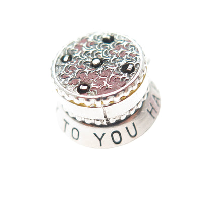 925 Sterling Antique Enamel Happy Birthday Cake Minimalist Movable Pendant