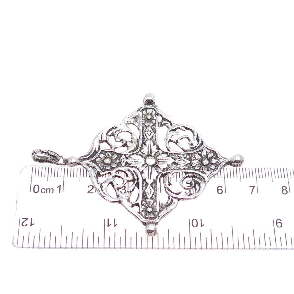800 Silver Antique Art Deco Italy Flower Cross Religious Oxidized Pendant