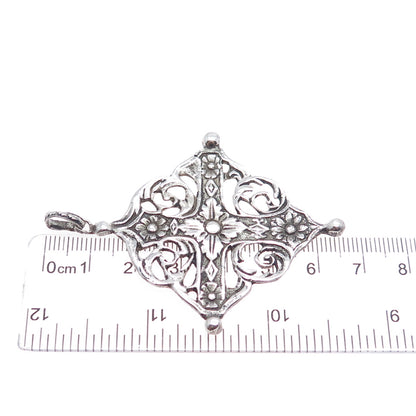 800 Silver Antique Art Deco Italy Flower Cross Religious Oxidized Pendant