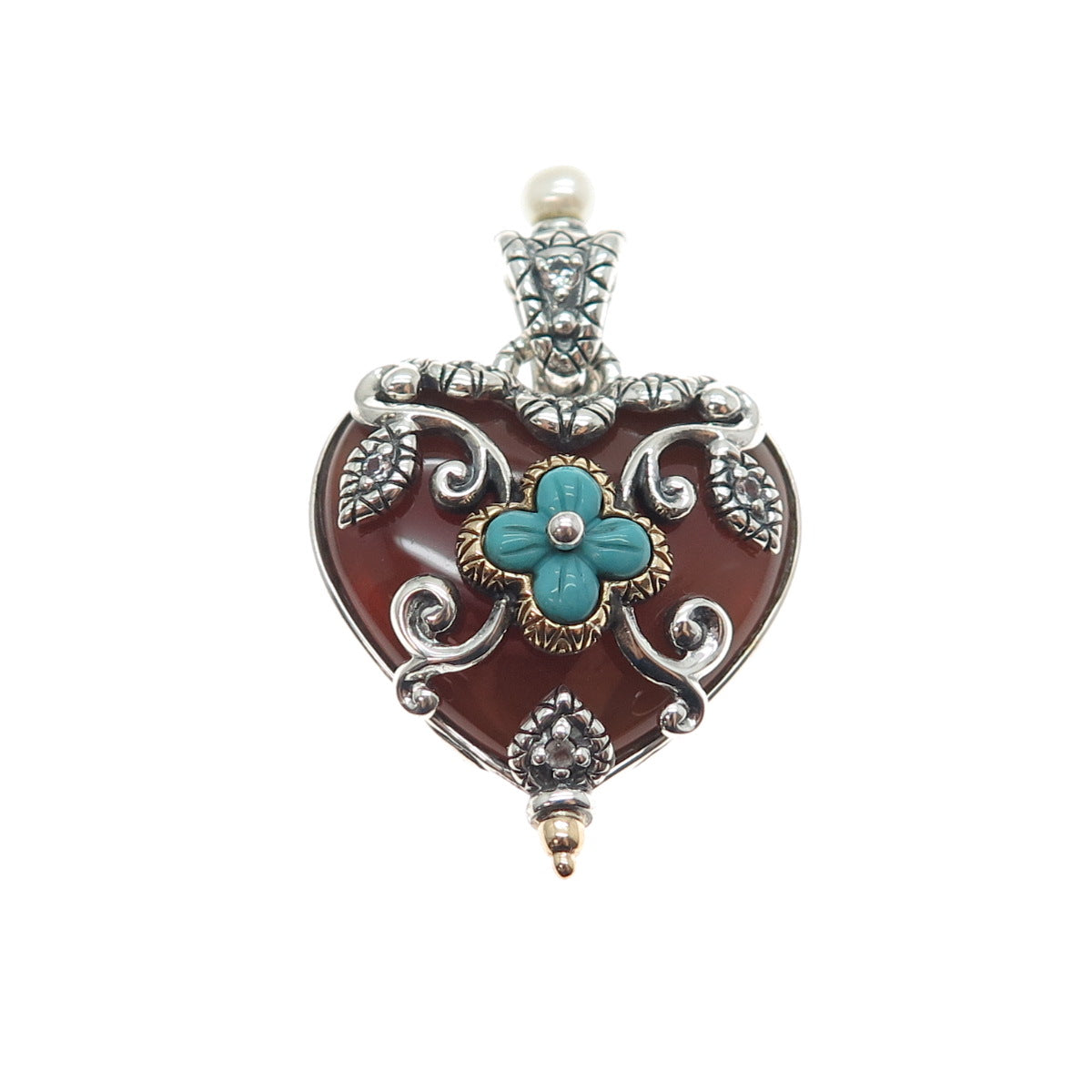 BARBARA BIXBY Sterling 18K Gold Carnelian Topaz Turquoise & Pearl Heart Pendant