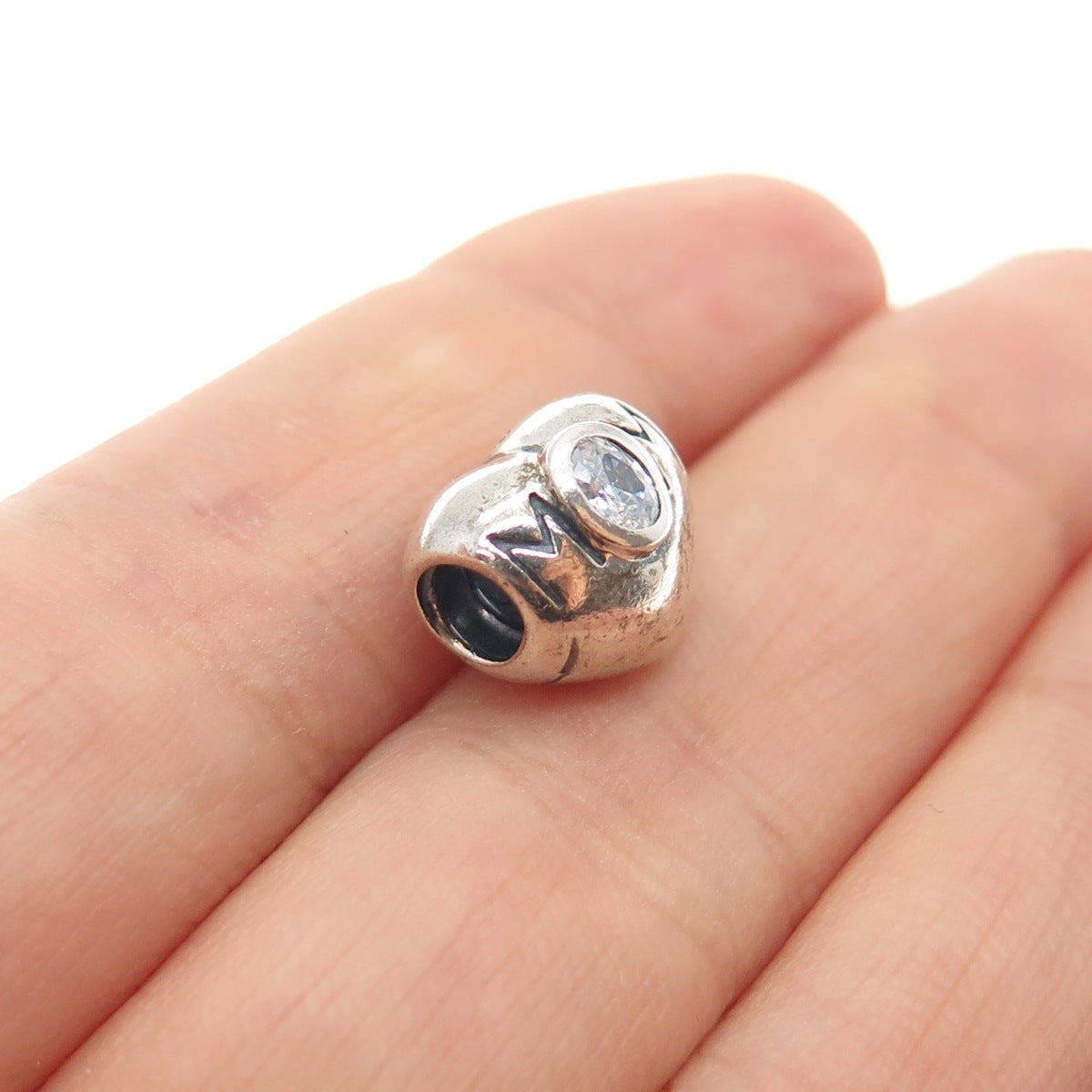 CHAMILIA 925 Sterling Silver Round-Cut C Z Mom Heart Slide Bead Charm