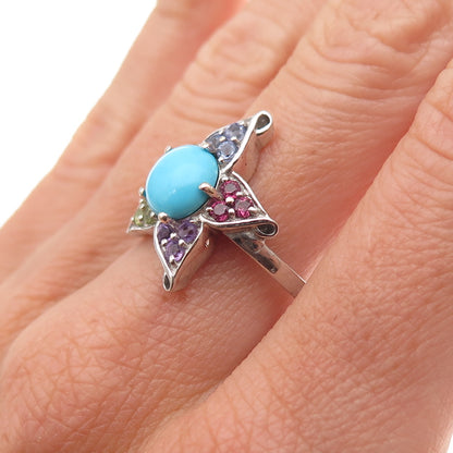 Chuck Clemency Sterling Silver Real Turquoise & Multi-Gem Floral Ring Size 8.25