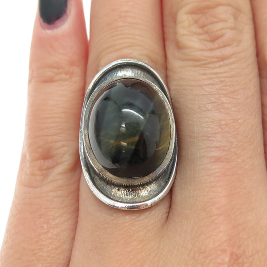 925 Sterling Silver Vintage Real Black Tiger Eye Gemstone Ring Size 6.5