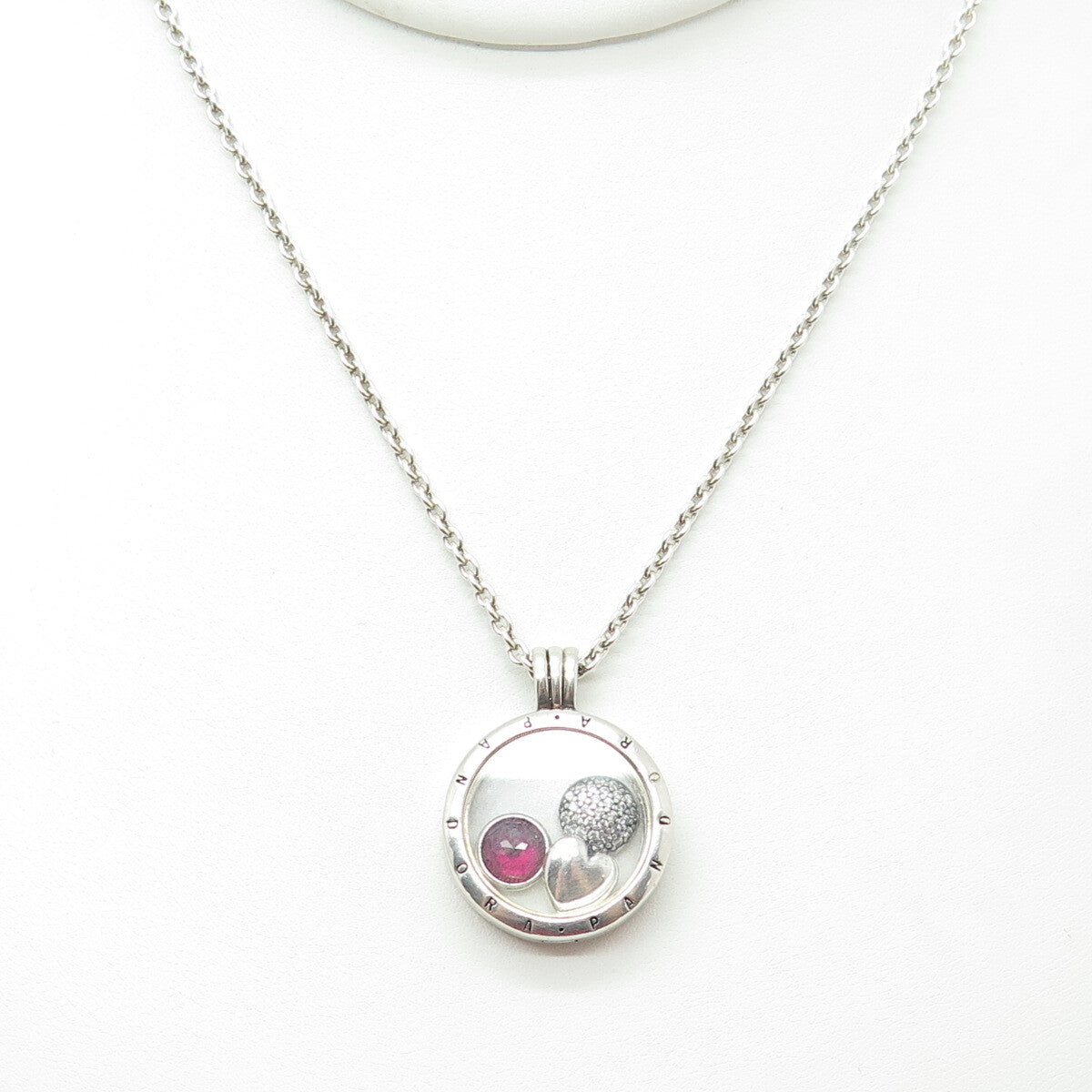 PANDORA 925 Sterling Silver Lab-Created Ruby Charm Locket Pendant Necklace 24"