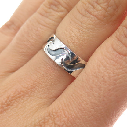 925 Sterling Silver Vintage Modernist Wavy Oxidized Band Ring Size 7.75