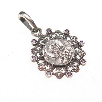 925 Sterling Silver Vintage Purple C Z St. Mary Orthodox Charm Pendant