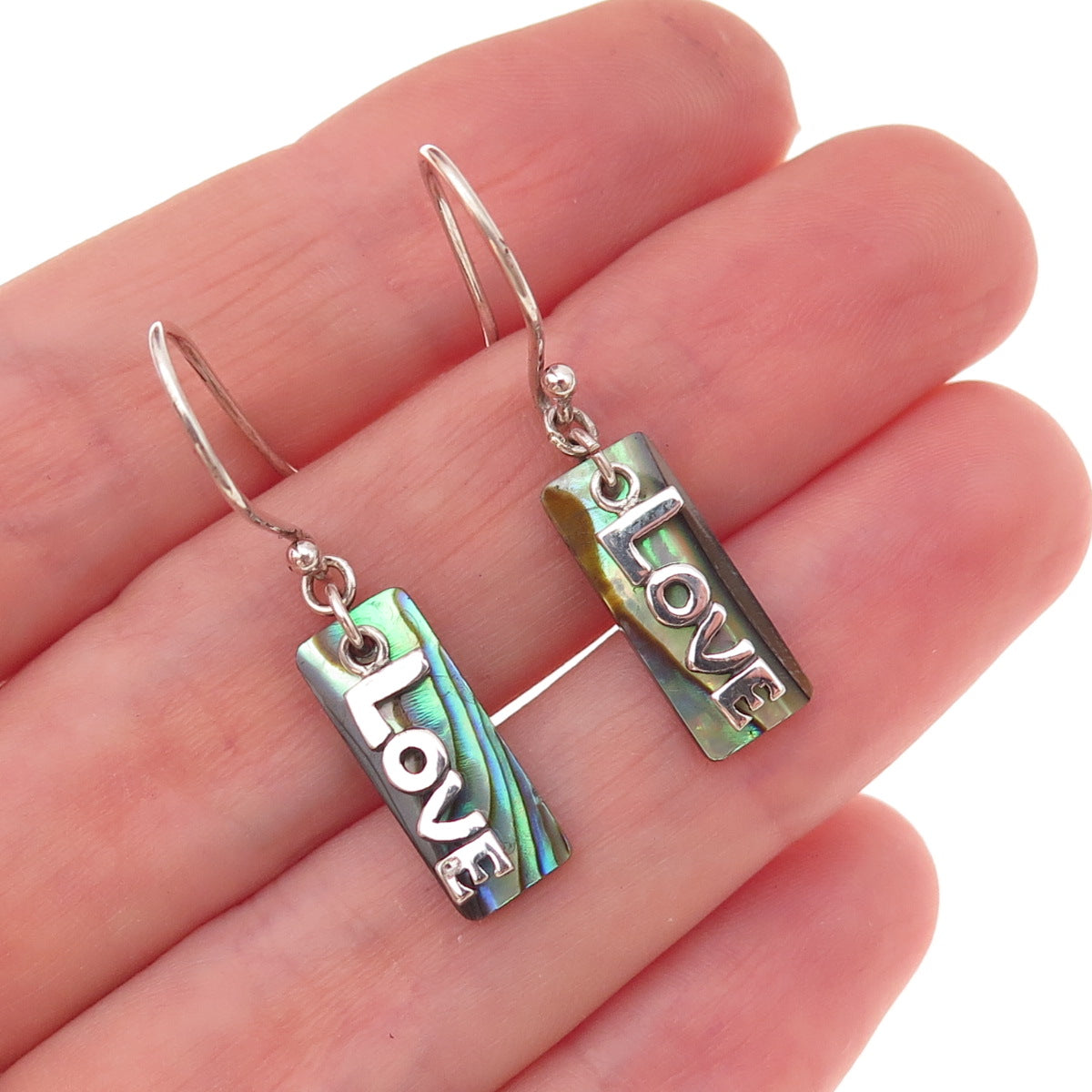 925 Sterling Silver Vintage Real Abalone Shell Love Dangle Earrings
