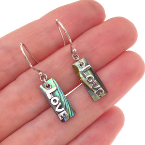 925 Sterling Silver Vintage Real Abalone Shell Love Dangle Earrings