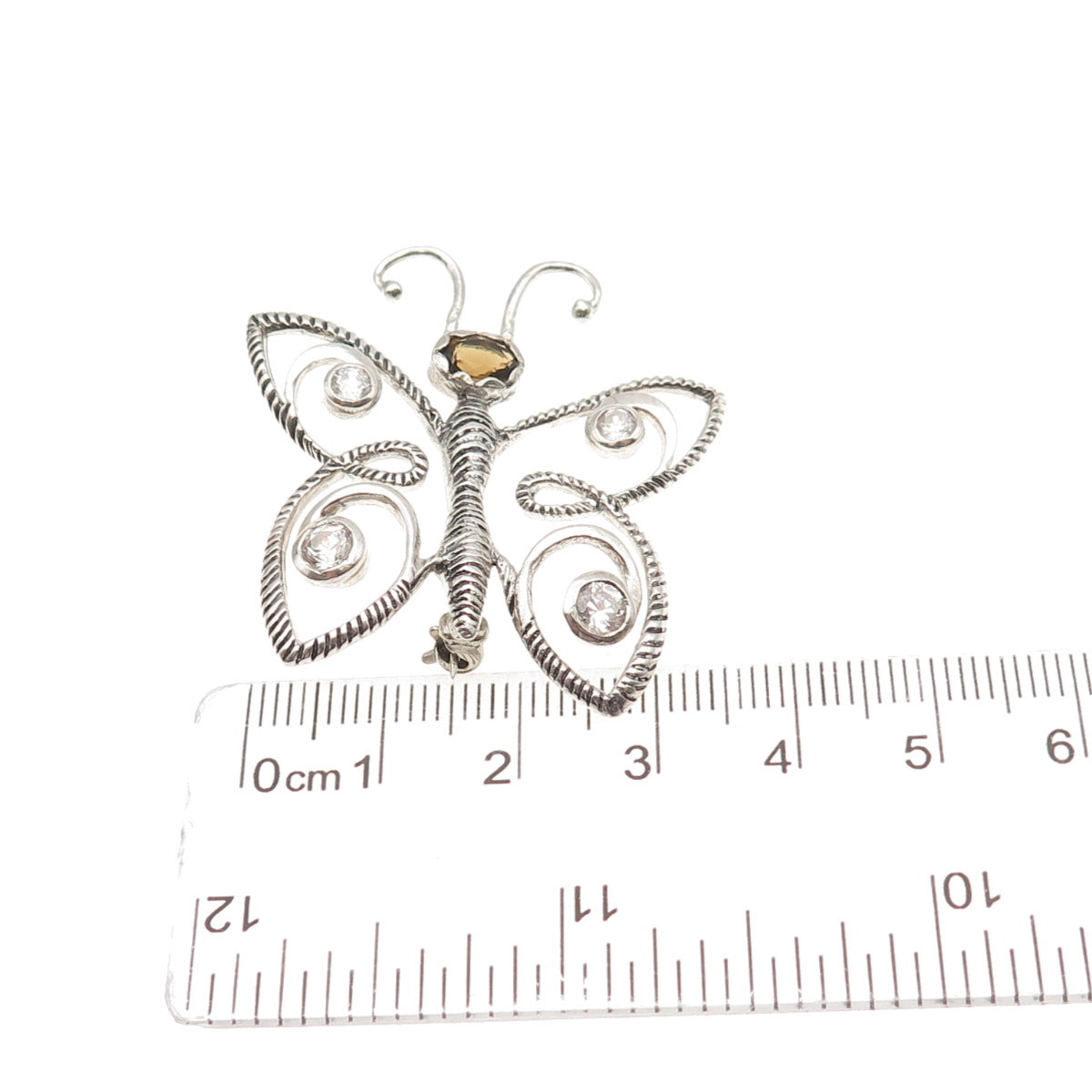 925 Sterling Silver Vintage Real Smoky Quartz & C Z Butterfly Pin Brooch