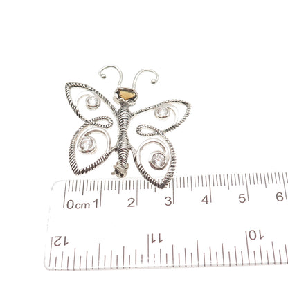 925 Sterling Silver Vintage Real Smoky Quartz & C Z Butterfly Pin Brooch