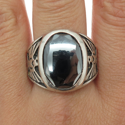 WHEELER MFG CO Old Pawn Sterling Vintage Hematite Thunderbird Ring Size 12.75