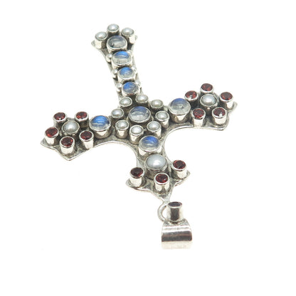 NICKY BUTLER Sterling Vintage Real Moonstone Pearl Garnet Amethyst Cross Pendant