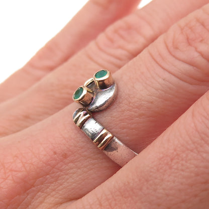 925 Sterling Silver 14K Gold Vintage Real Green Chalcedony Snake Ring Size 7