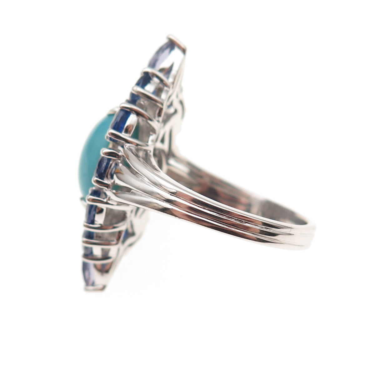 925 Sterling Silver 2-Tone Real Turquoise Sapphire & White Topaz Ring Size 8.25
