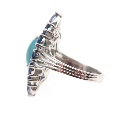 925 Sterling Silver 2-Tone Real Turquoise Sapphire & White Topaz Ring Size 8.25