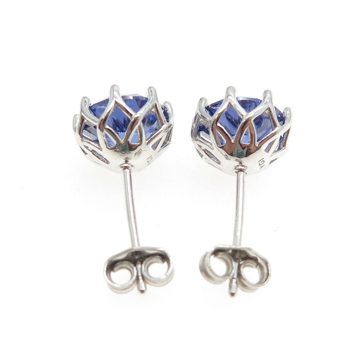 925 Sterling Silver Round-Cut Blue C Z Crown Stud Earrings