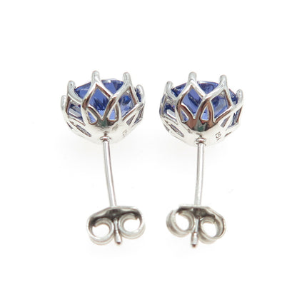 925 Sterling Silver Round-Cut Blue C Z Crown Stud Earrings