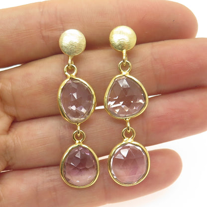 925 Sterling Silver Gold Plated Vintage Amethyst Modernist Dangle Earrings