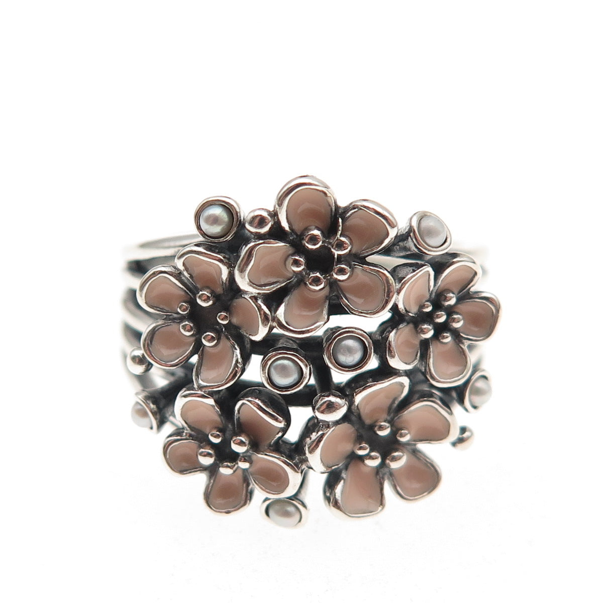 Pandora 925 Sterling Silver Enamel Real Pearl Cherry Blossom Bouquet Ring Size 7