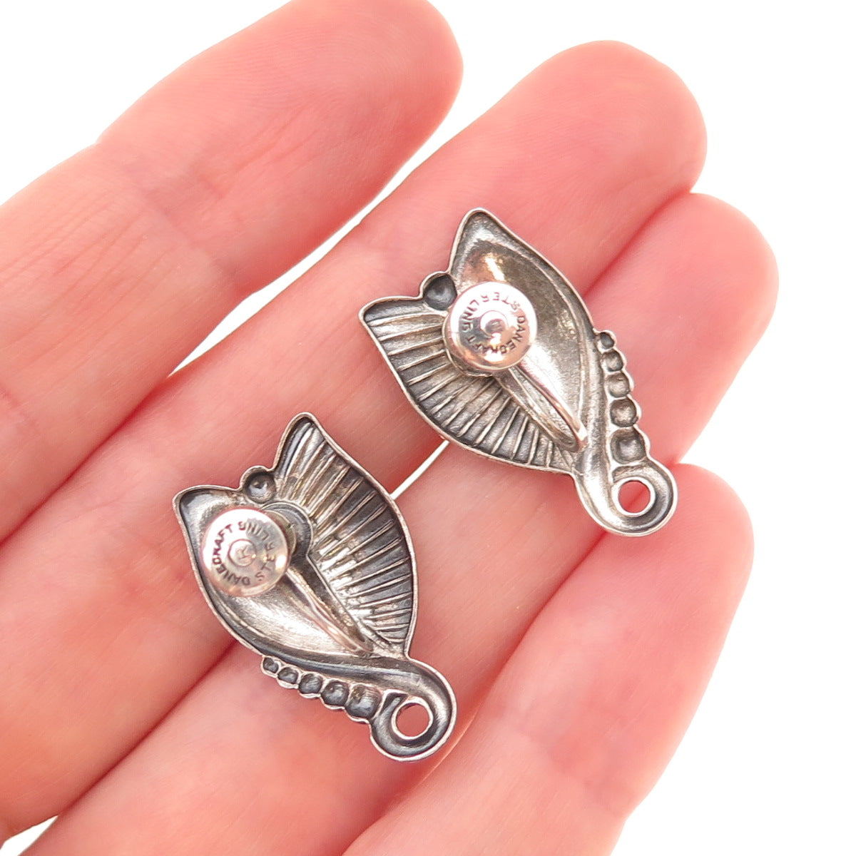 Danecraft Sterling Silver Antique Art Deco Floral Oxidized Screw Back Earrings