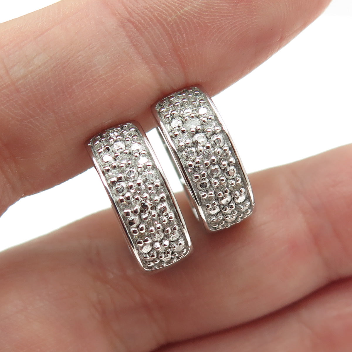 925 Sterling Silver Real Round-Cut Diamond Hoop Earrings