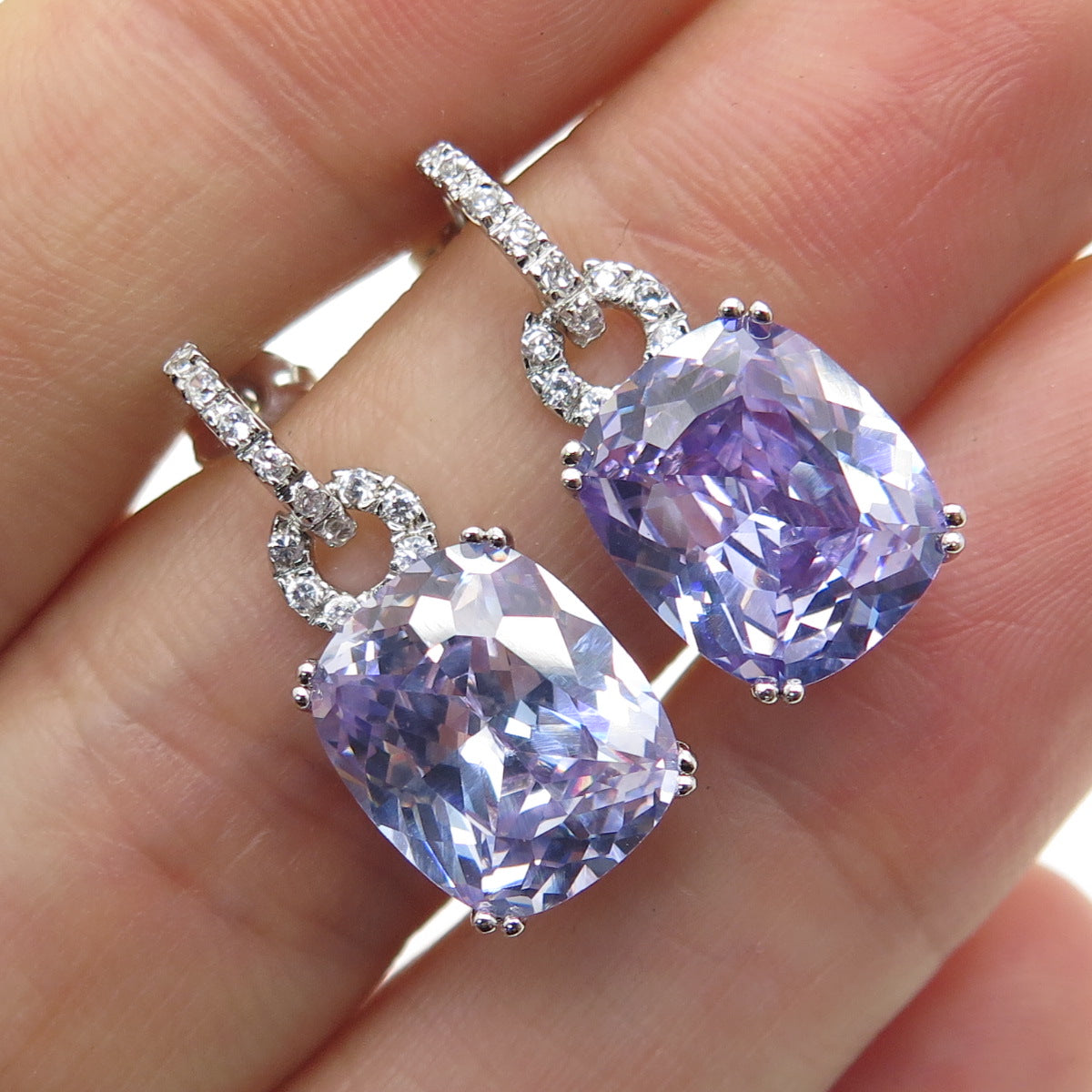 925 Sterling Silver Cushion & Round-Cut Purple White C Z Dangle Earrings