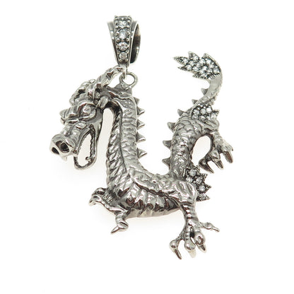 925 Sterling Silver Vintage Round-Cut C Z Chinese Royal Dragon Pendant