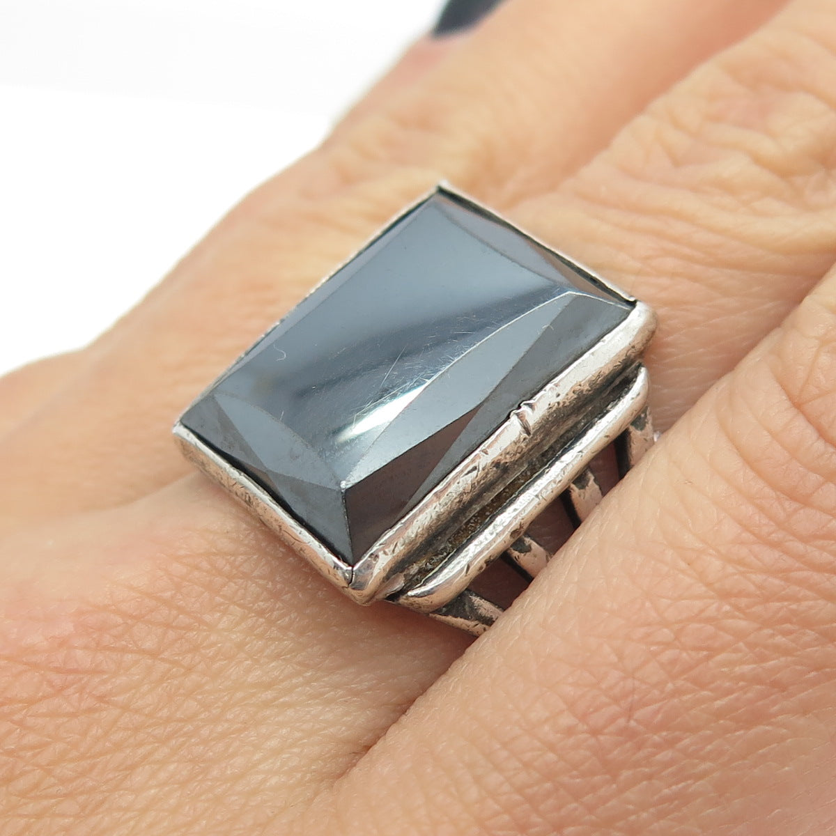 925 Sterling Silver Antique Art Deco Real Hematite Gemstone Ring Size 11.25