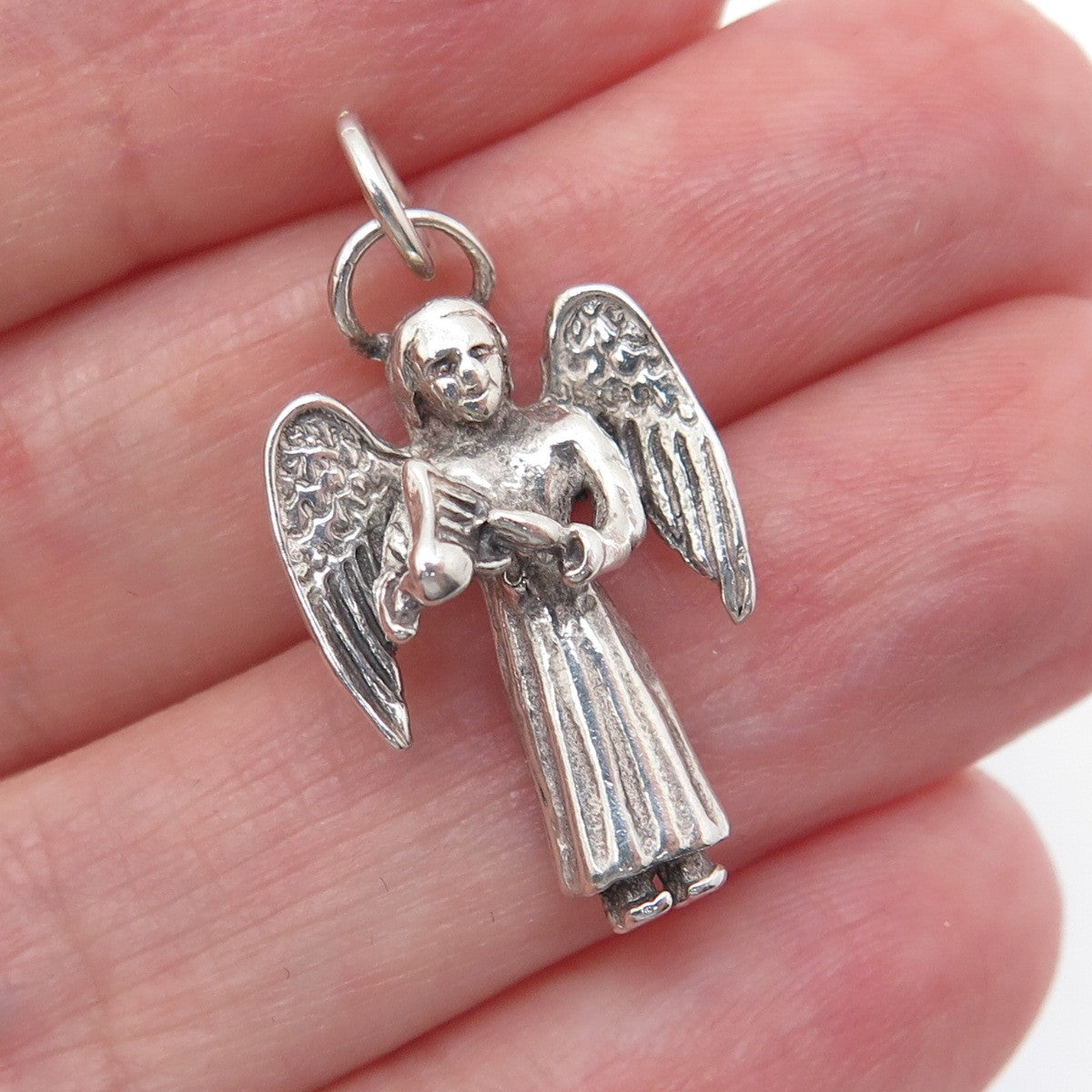 925 Sterling Silver Vintage Christmas Angel Oxidized 3D Charm Pendant