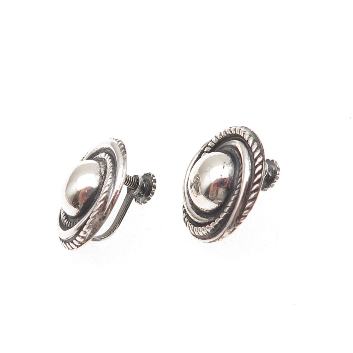 925 Sterling Silver Antique Art Deco Twisted Nest Oxidized Screw Back Earrings