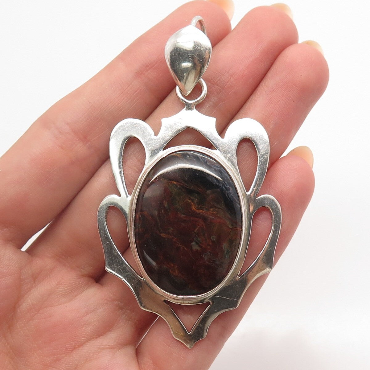 925 Sterling Silver Vintage Real Tiger Iron Gemstone Pendant
