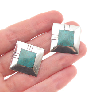 Old Pawn Sterling Silver Vintage Southwestern Turquoise Tribal Clip On Earrings
