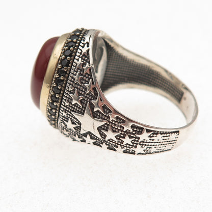 925 Sterling 2-Tone Vintage Real Carnelian & Black Spinel Star Ring Size 11.5
