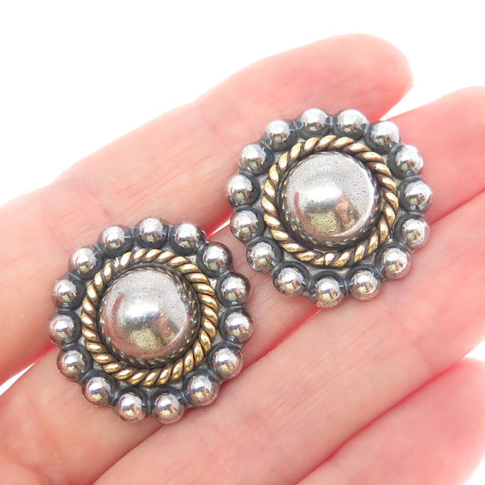 925 Sterling Silver 2-Tone Vintage Mexico Sun Beaded Oxidized Earrings
