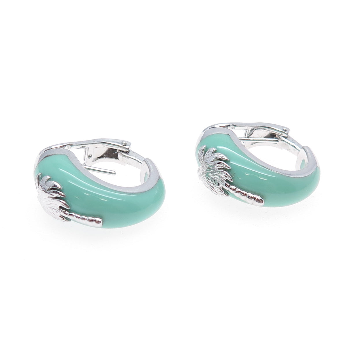 925 Sterling Silver Enamel Palm Omega Back & Clip On Earrings