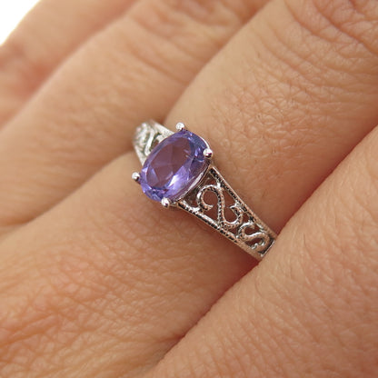 CHUCK CLEMENCY 925 Sterling Silver Vintage Real Oval-Cut Amethyst Ring Size 7.25