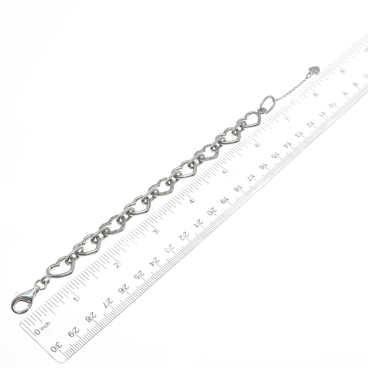925 Sterling Silver Real Round-Cut Diamond Heart Link Bracelet 6.5"
