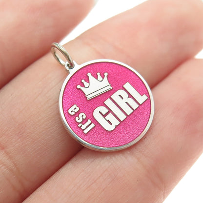 925 Sterling Silver Pink Enamel "It's a Girl" Round Tag Minimalist Charm Pendant