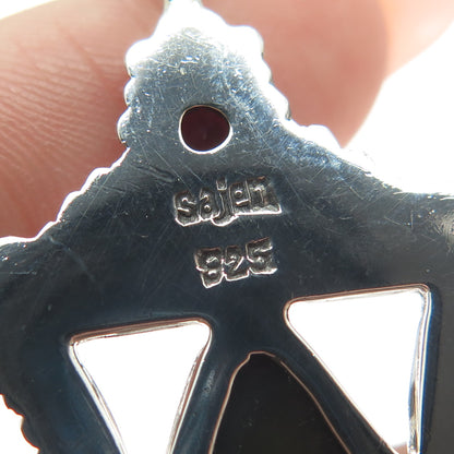 SAJEN 925 Sterling Vintage Abalone Shell Peridot & Amethyst Gem Ornate Pendant