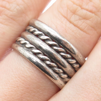 925 Sterling Silver Vintage Mexico Multi-Row Roped Oxidized Band Ring Size 6.25