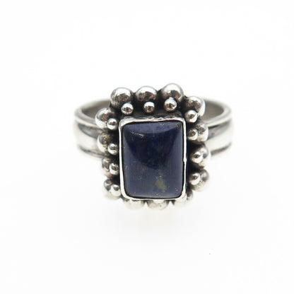 925 Sterling Silver Vintage Real Lapis Lazuli Beaded Oxidized Ring Size 9.5