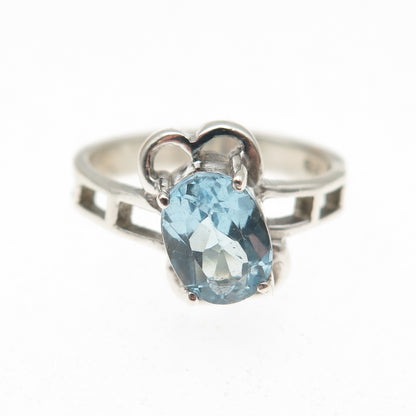 925 Sterling Silver Vintage Real Oval-Cut Blue Topaz Modernist Ring Size 6
