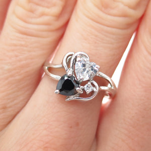 CHAPAL ZENRAY 925 Sterling Vintage Real Black Spinel & C Z Heart Ring Size 7.25