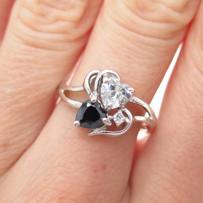 CHAPAL ZENRAY 925 Sterling Vintage Real Black Spinel & C Z Heart Ring Size 7.25