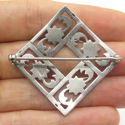925 Sterling Silver Antique Art Deco Real Marcasite Flower Square Pin Brooch
