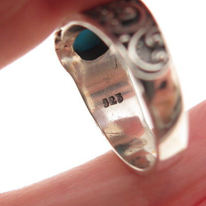 925 Sterling Silver Real Sleeping Beauty Turquoise Floral Oxidized Ring Size 8