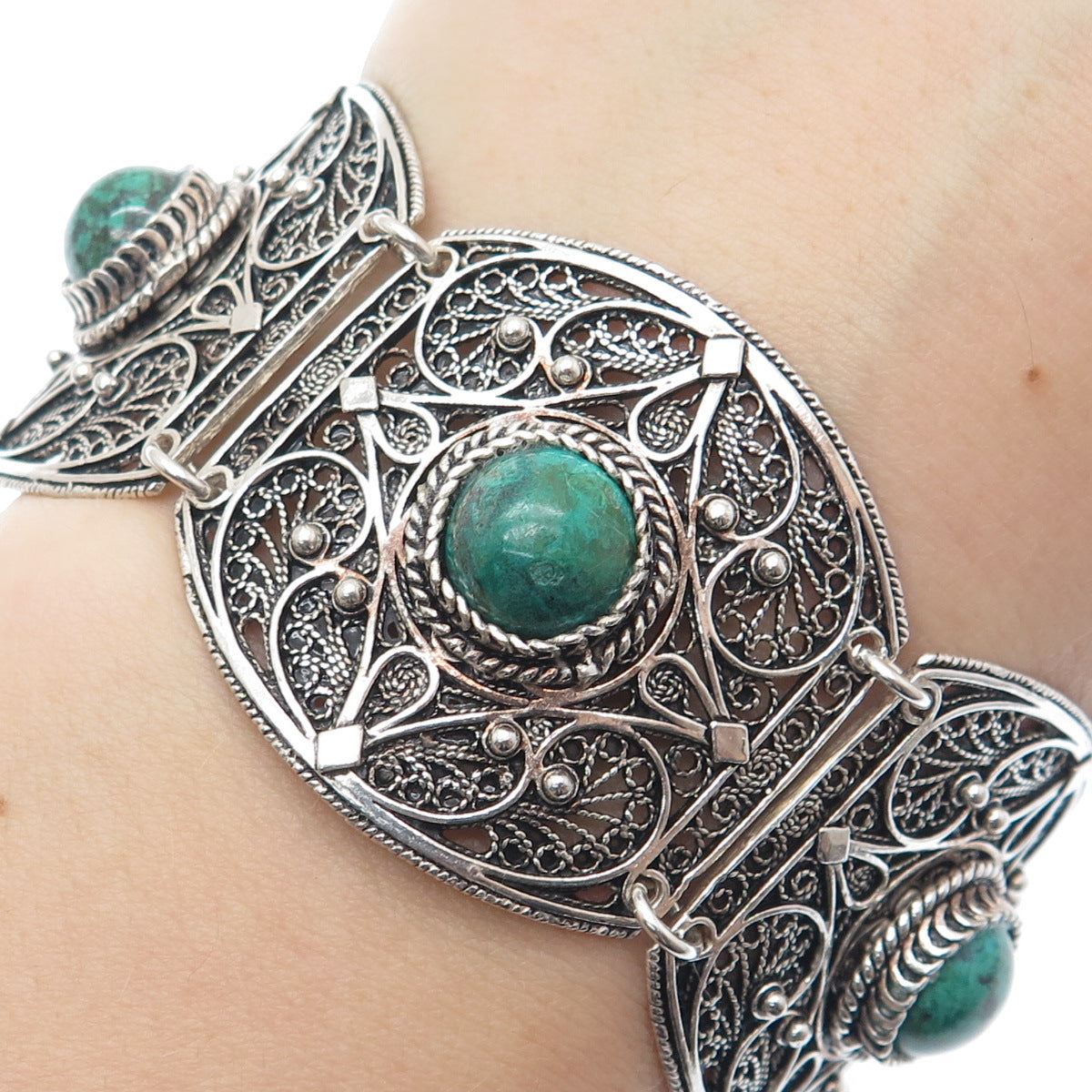 925 Sterling Silver Vintage Real Eilat Filigree Panel Link Oxidized Bracelet 7"