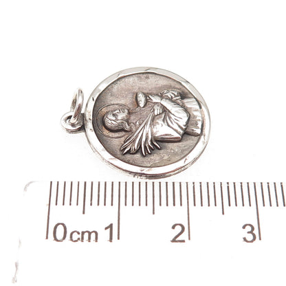 925 Sterling Silver Antique Art Deco St. Lucy Religious Medal Oxidized Pendant